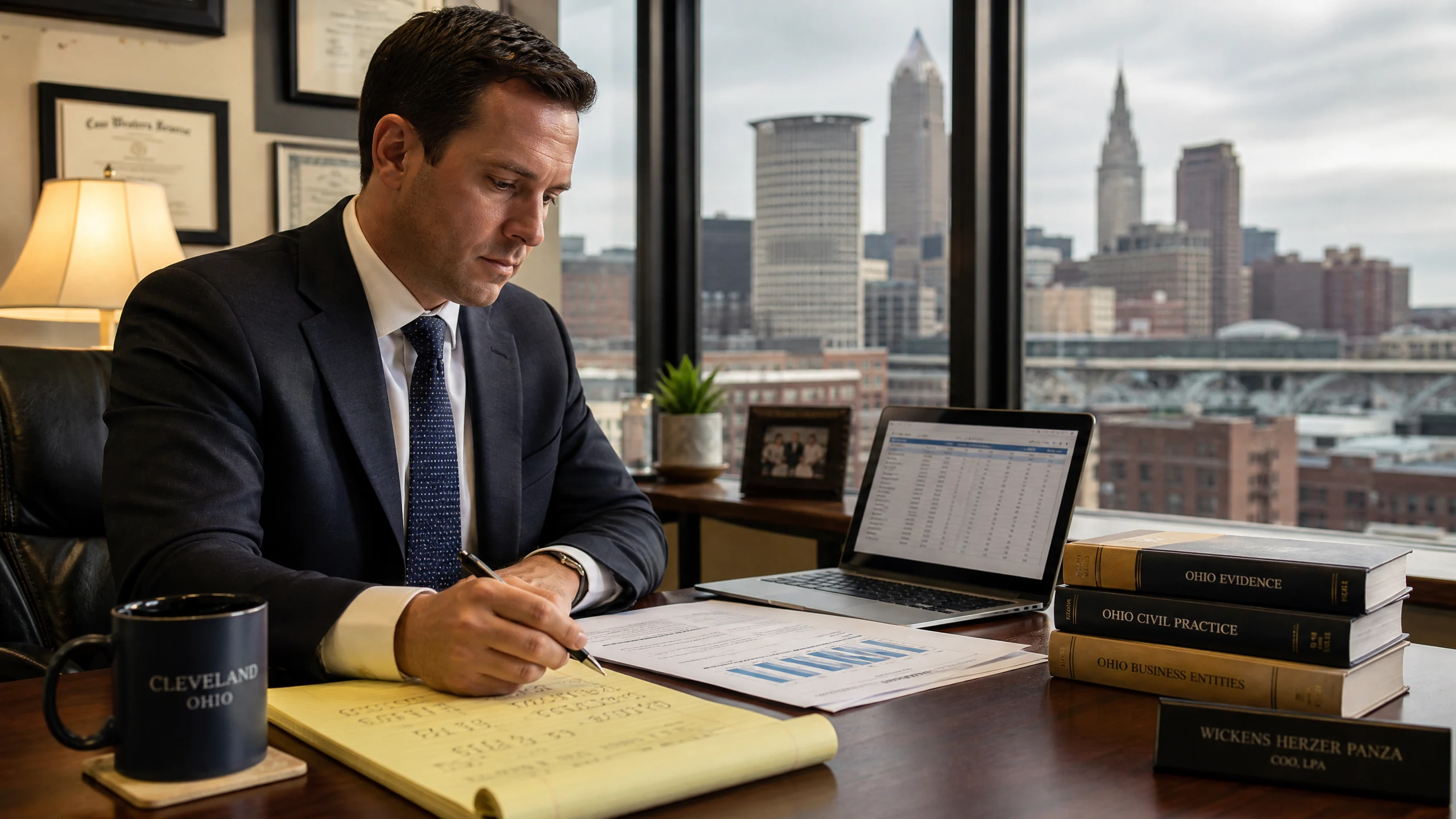 An attorney reviewing financial documents and spreadsheets in a modern law office overlooking the Cleveland skyline.