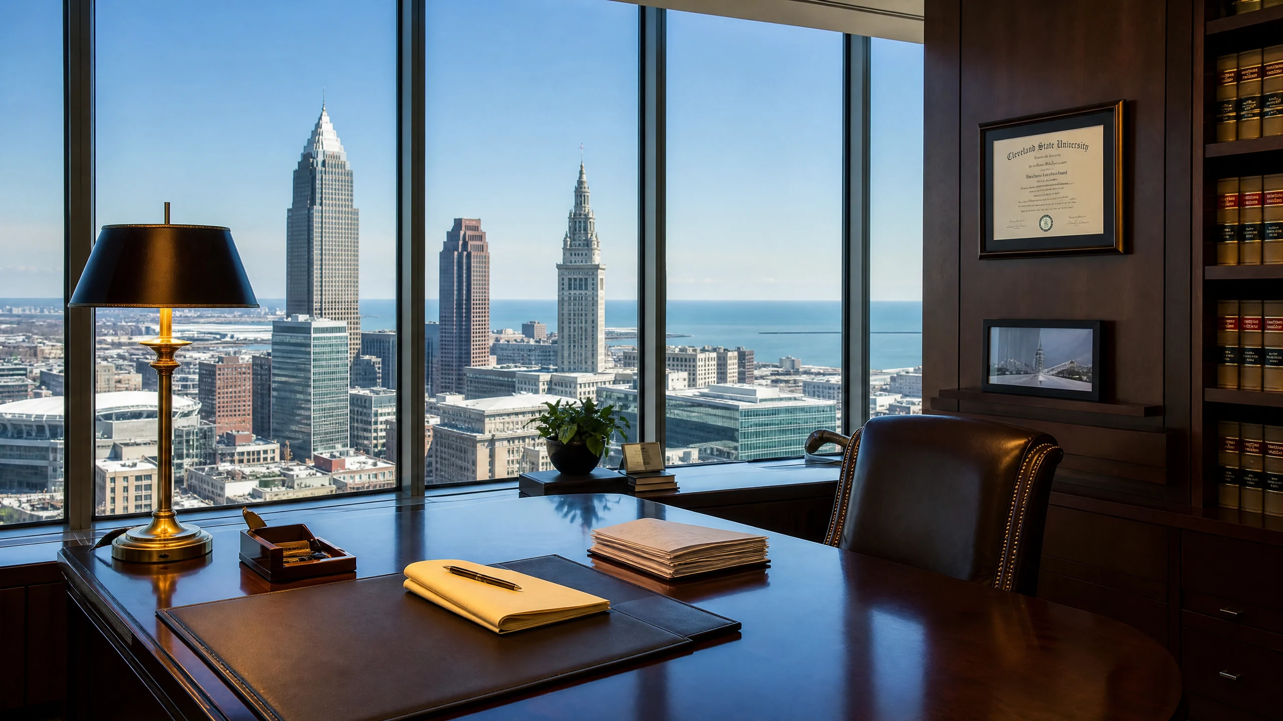 A professional private law office in downtown Cleveland with a view of the skyline and Lake Erie.