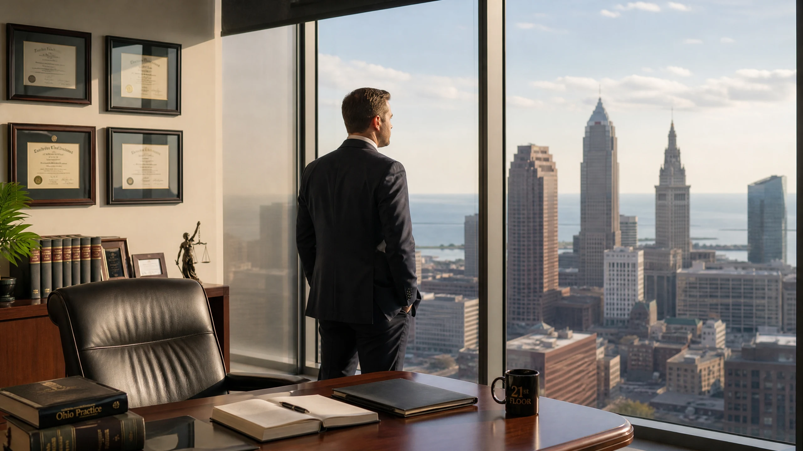 A confident solo attorney looking out over the Cleveland skyline from a modern, high-rise law office.