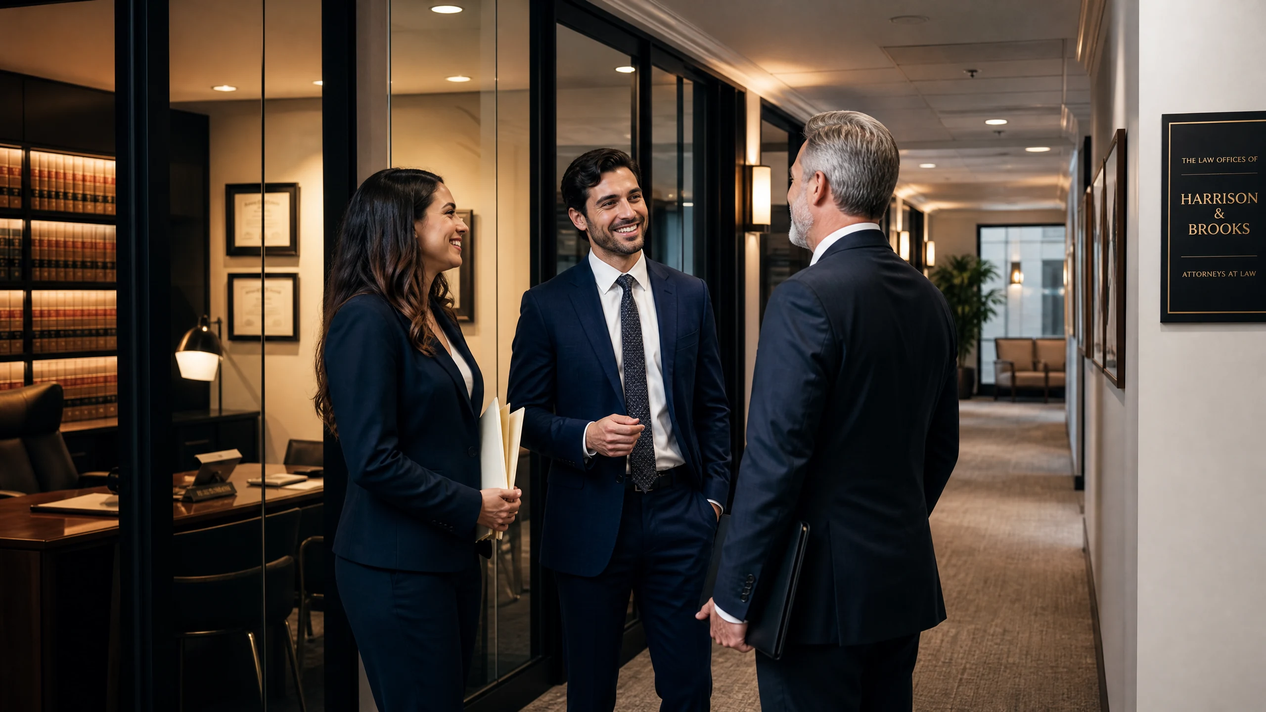 Three professional attorneys having a friendly conversation in the hallway of a modern law office.