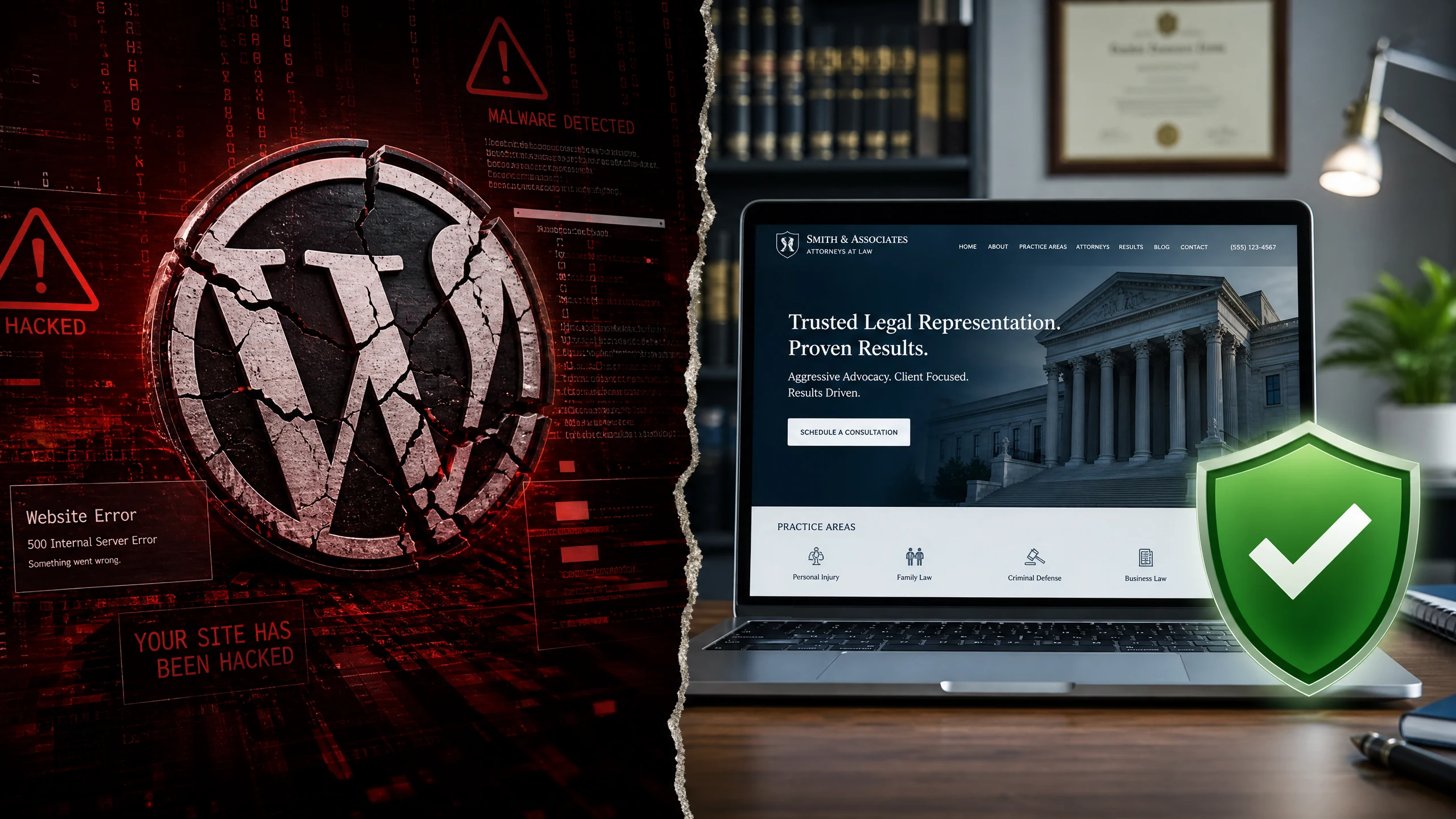 Split screen showing a hacked, broken WordPress logo on the left and a clean, secure law firm website on the right.
