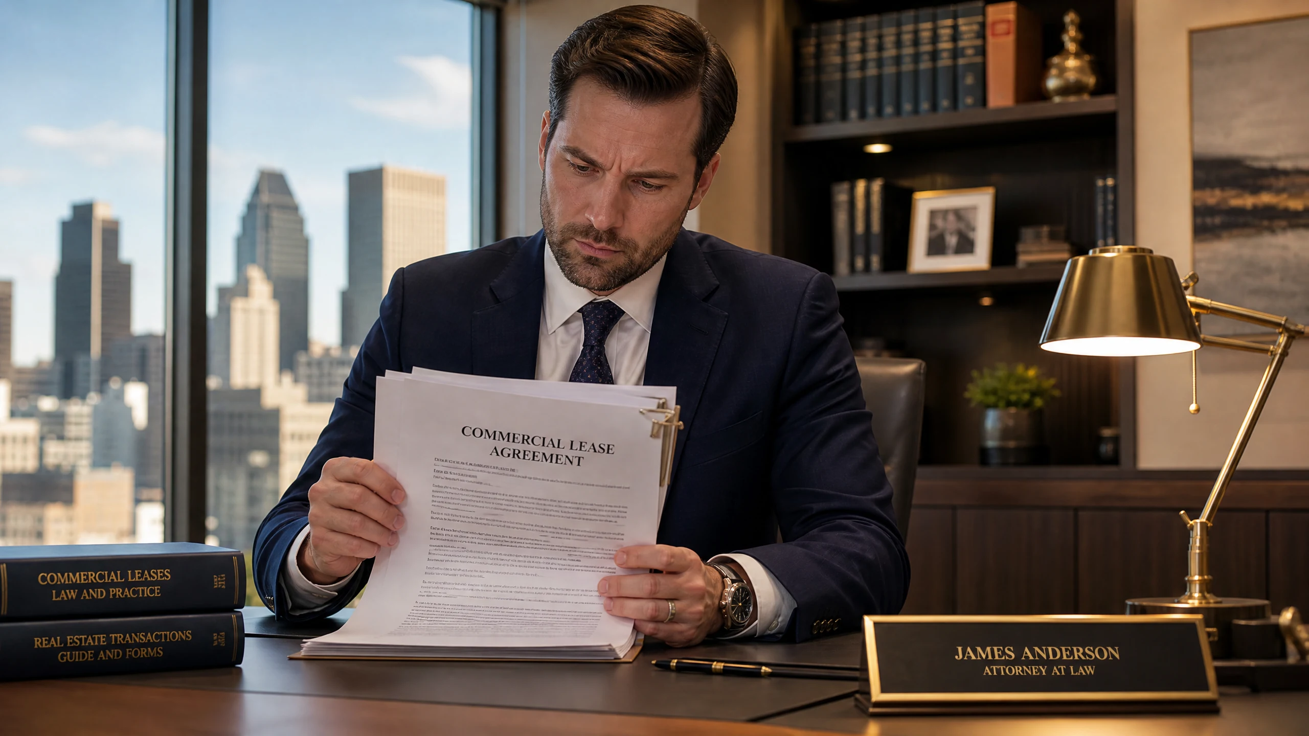 A solo attorney in a sharp navy suit sitting at a desk reviewing a thick commercial lease agreement.