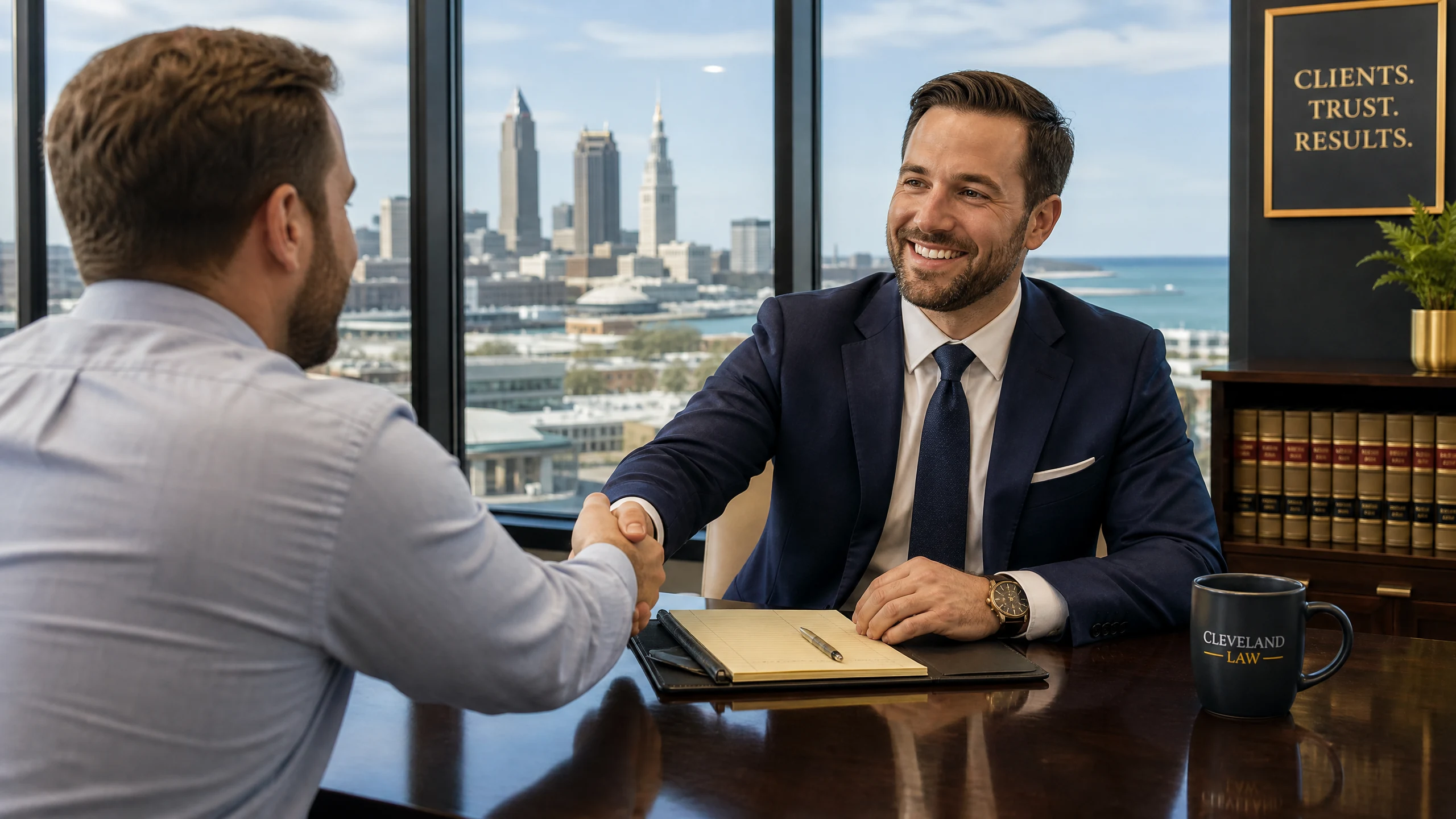 A confident solo attorney shaking hands with a new client across a conference table in a downtown Cleveland law office.