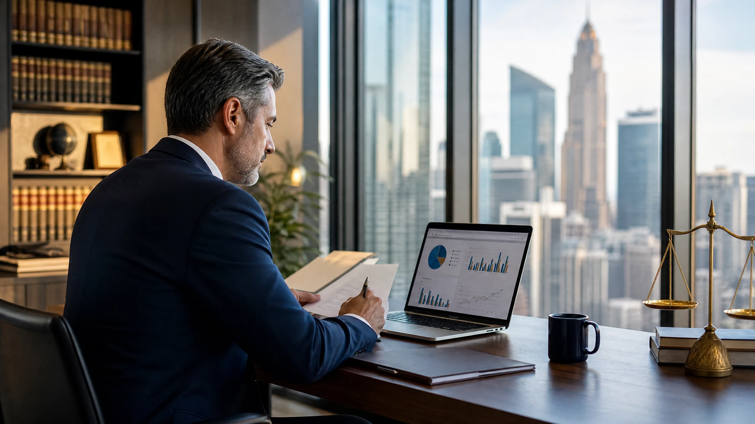 A confident solo attorney reviewing a data report on a laptop in a professional downtown law office with a city skyline view.