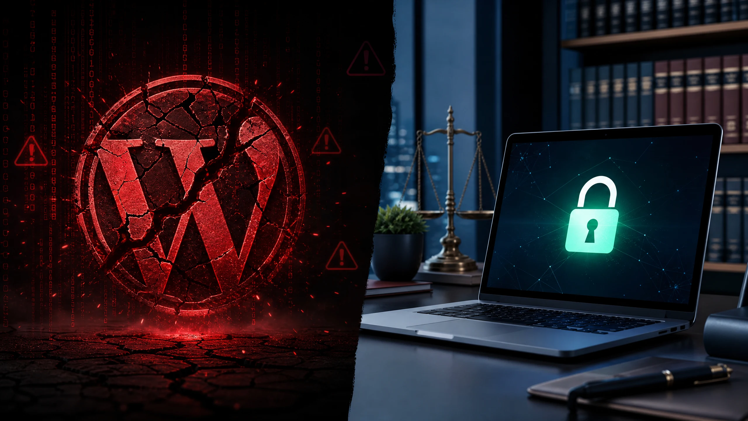 Split image showing a cracked WordPress logo with security warnings and a secure modern law office laptop