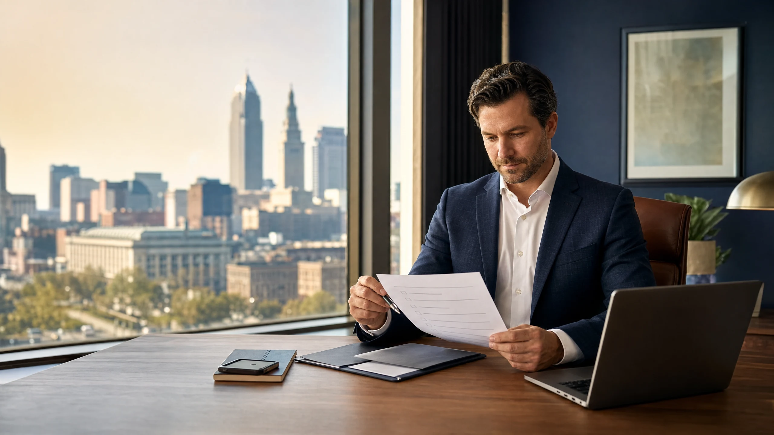 Solo attorney reviewing an Ohio IOLTA trust-account setup checklist in a private Cleveland office