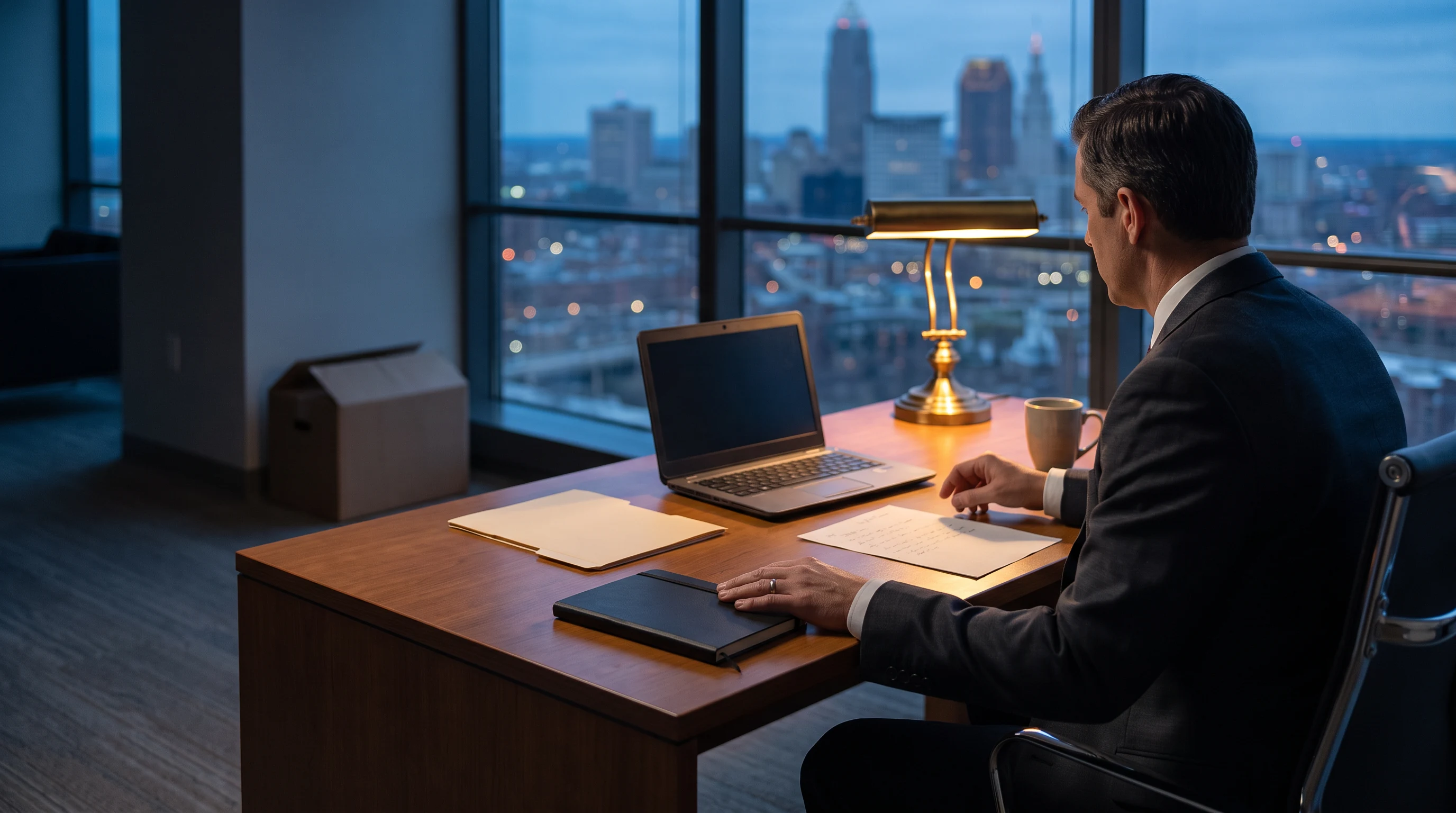 Insurance defense attorney organizing a 90-day solo-practice transition plan in a private downtown Cleveland office