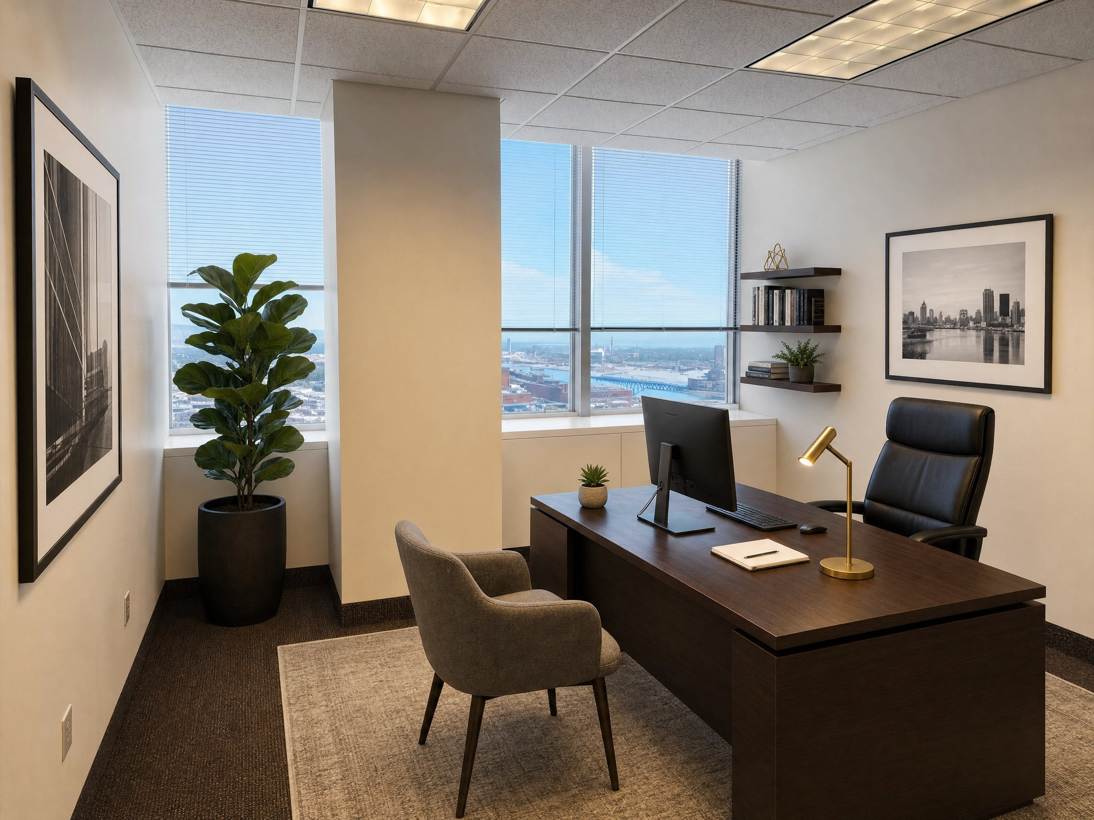 Office 28 at Law Offices of Cleveland, showing a professional desk setup with large windows.