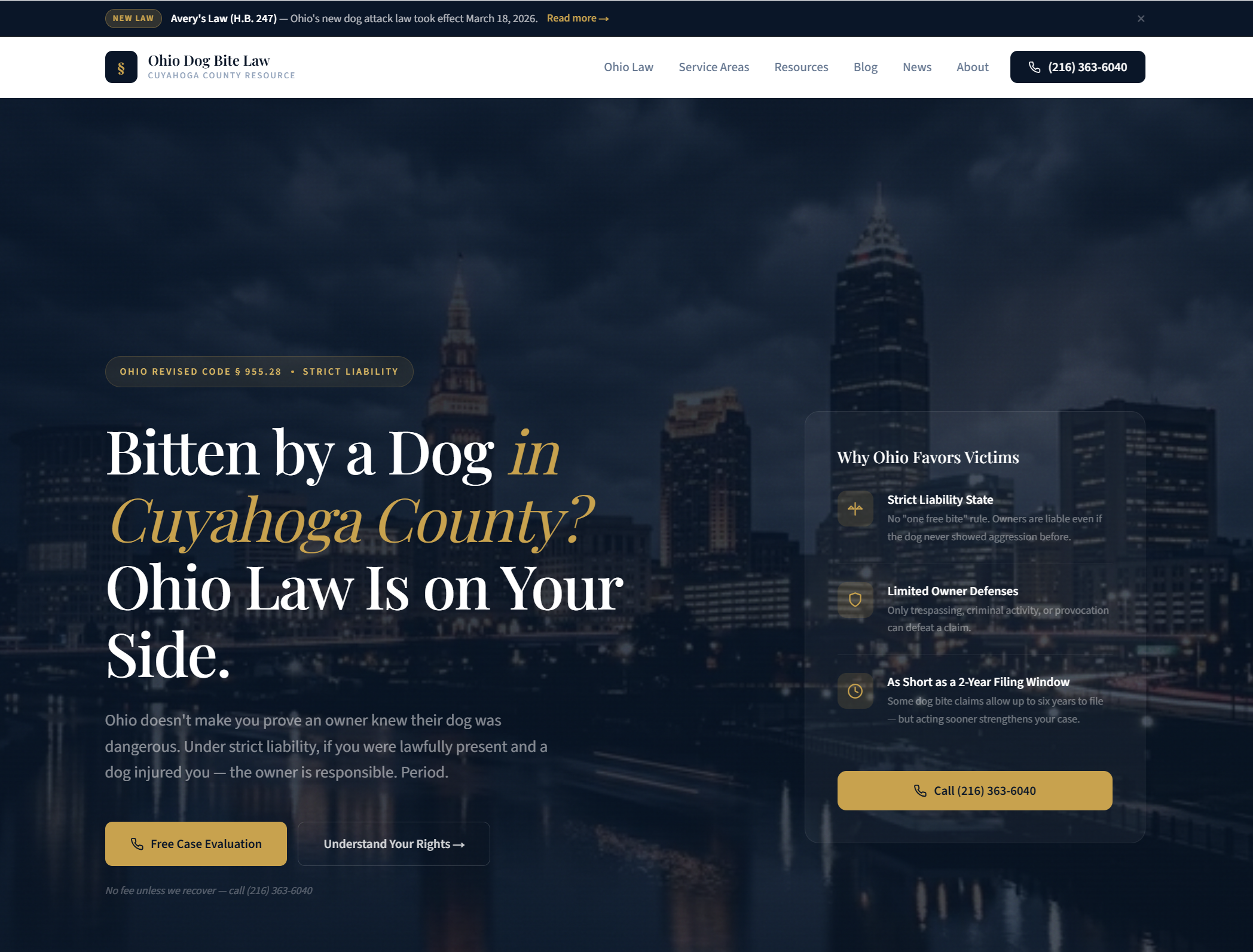 Screenshot of the Cleveland Dog Bite Lawyer website