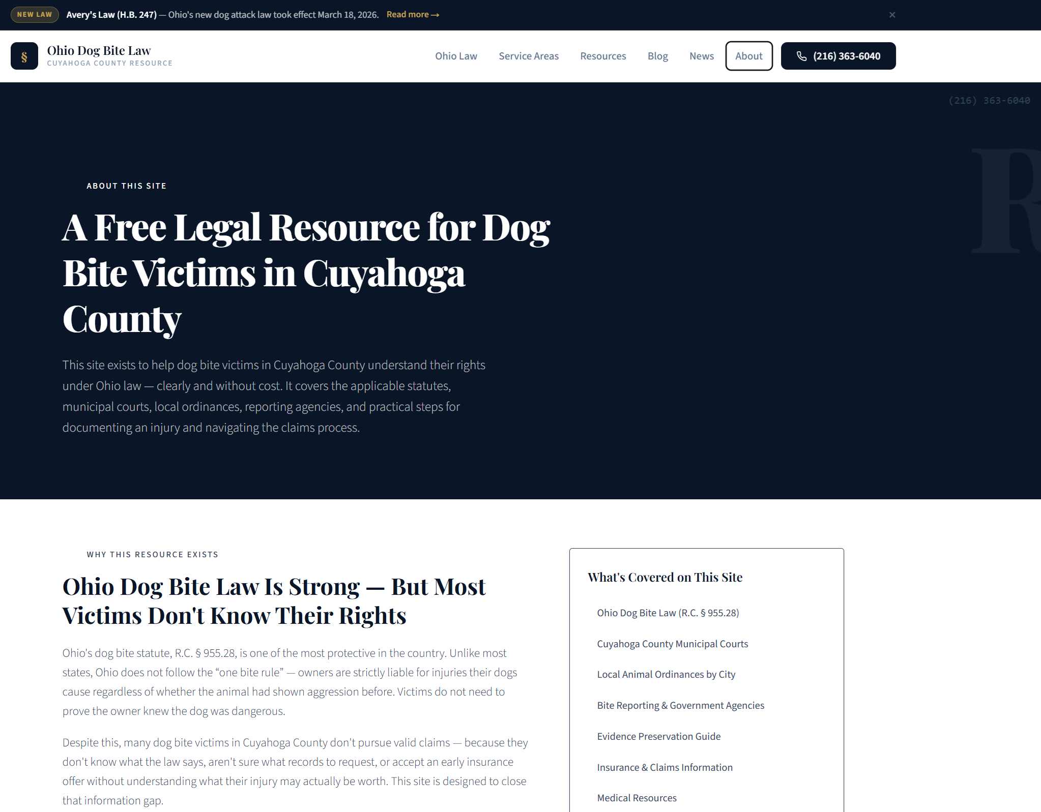 Screenshot of the Cleveland Dog Bite Lawyer website
