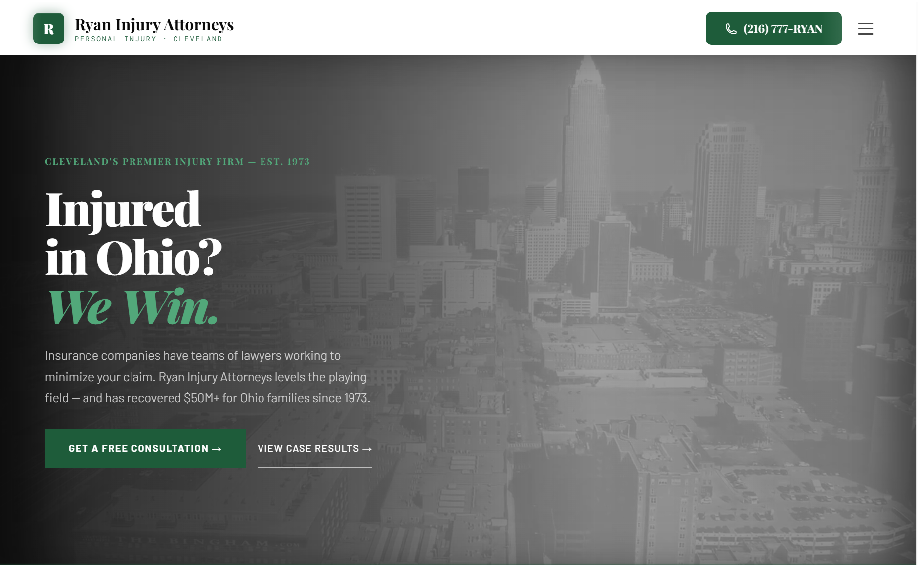 Screenshot of the Ryan Injury Attorneys website