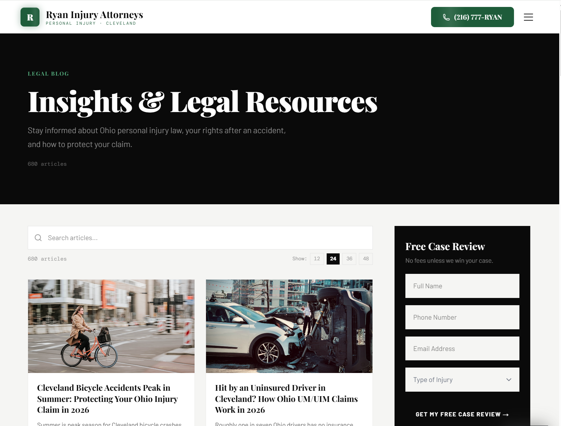 Screenshot of the Ryan Injury Attorneys website