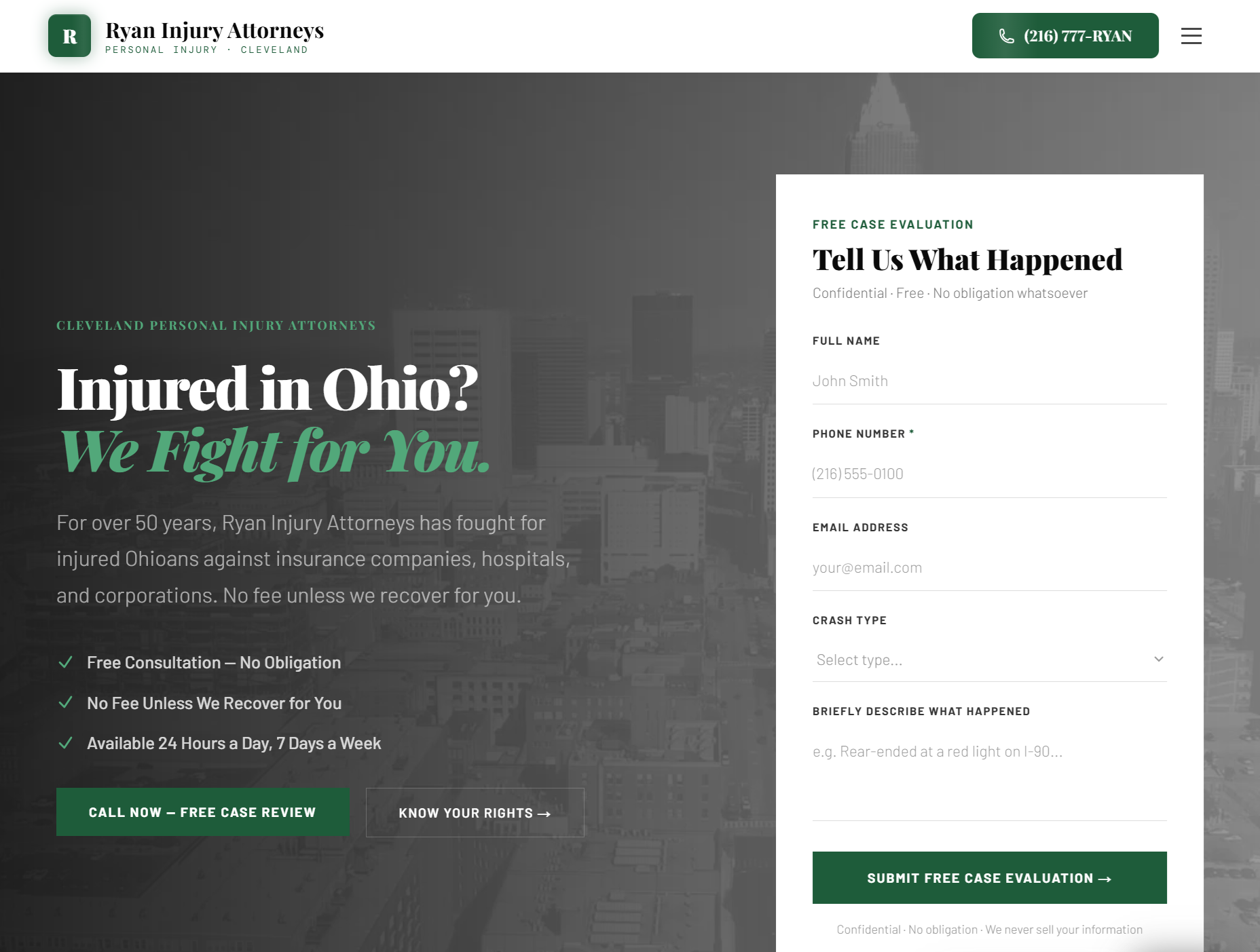Screenshot of the Ryan Injury Attorneys website